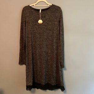 Black maternity sweater dress with lace detail